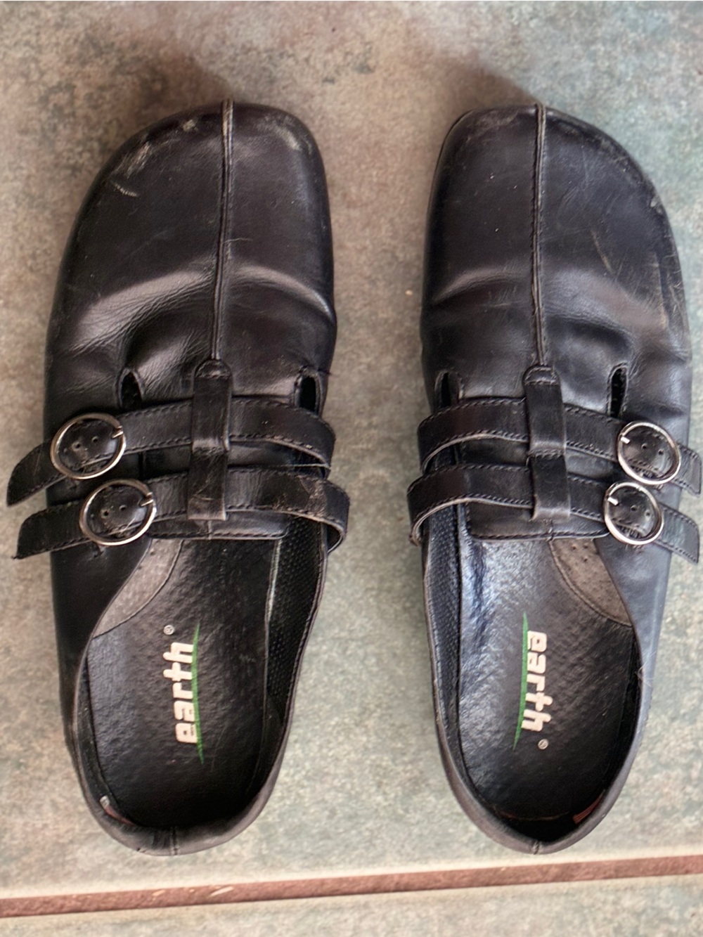 Earth Black Leather Slip-On Mules with Double Buckle Straps